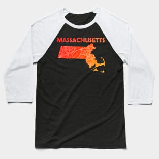 Colorful mandala art map of Massachusetts with text in red and orange Baseball T-Shirt